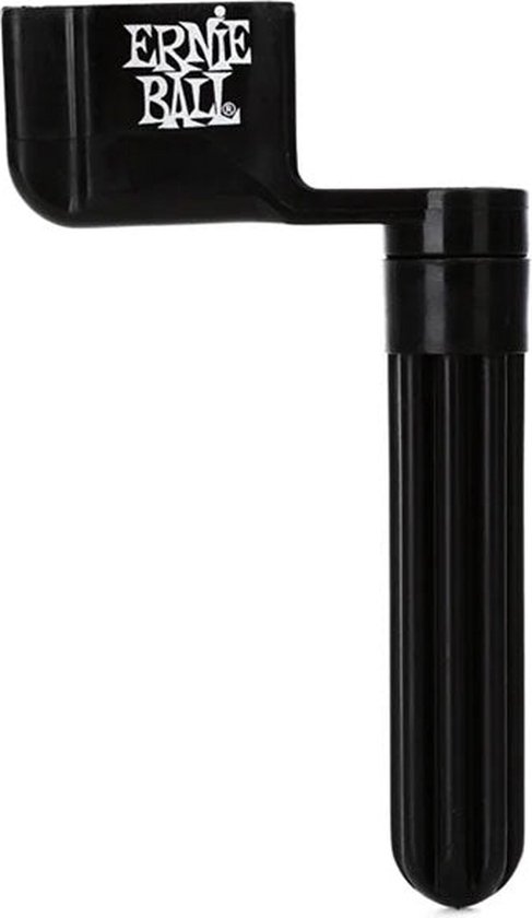 Zwarte Ernie Ball snaarwinder met een brugpintrekkers aan de zijkant. De tekst "Ernie Ball" is zichtbaar.
