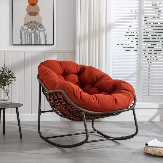 Patio Outdoor Schommelstoel, Schommelstoel met Gewatteerd Kussen, Oversized Metalen Zwart Frame Stoel, Moderne Lounge Stoel, voor Balkon Voorveranda Tuin Woonkamer(Light grey