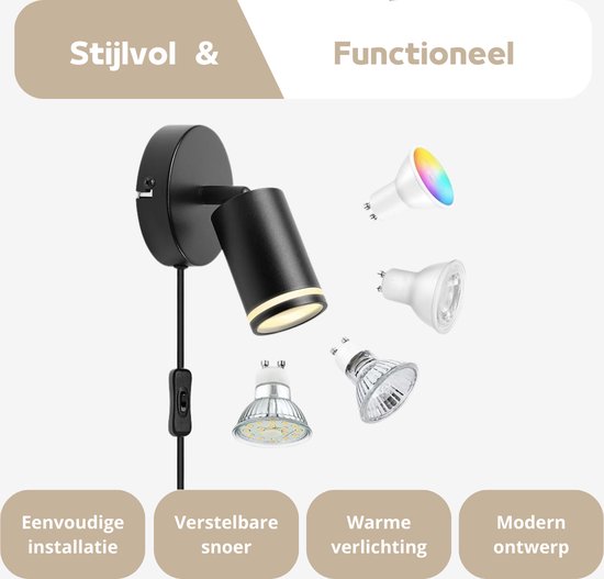 TaFiCo wandlamp met schakelaar en stekker wit GU10 - moderne 50W wandlamp binnen met schakelaar en stekker 350° draaibaar voor slaapkamer woonkamer gang - zonder gloeilamp