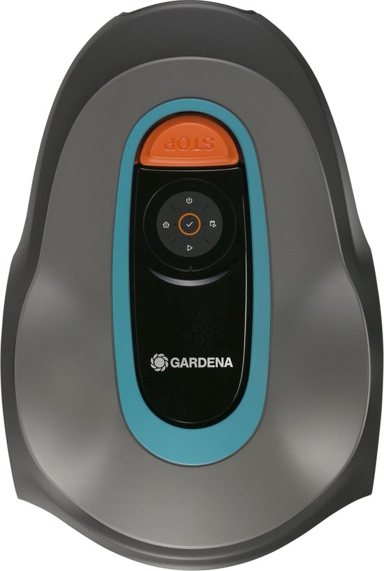 Bovenafbeelding van een grijze robotmaaier met een turkooizen rand en een oranje stopknop.