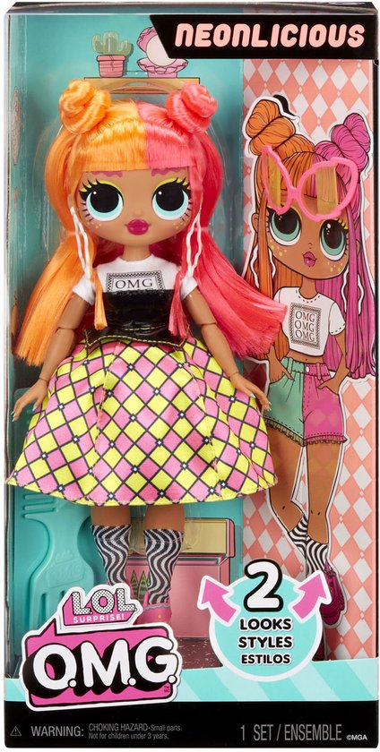 L.O.L. Surprise! O.M.G. Neonlicious doll in verpakking, met tweekleurig oranje-roze haar.