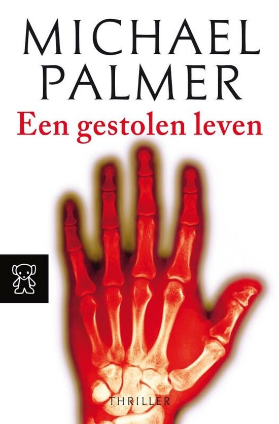 Boekcover 'Een gestolen leven' met een röntgenfoto van een rode hand.