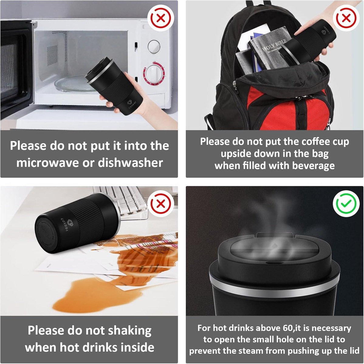 Geïsoleerde thermische reisbeker voor onderweg - herbruikbare koffiebeker voor auto - roestvrijstalen beker voor koffie water thee - 380 ml (zwart-A) — cadeau in Koken & Dineren - foto 6