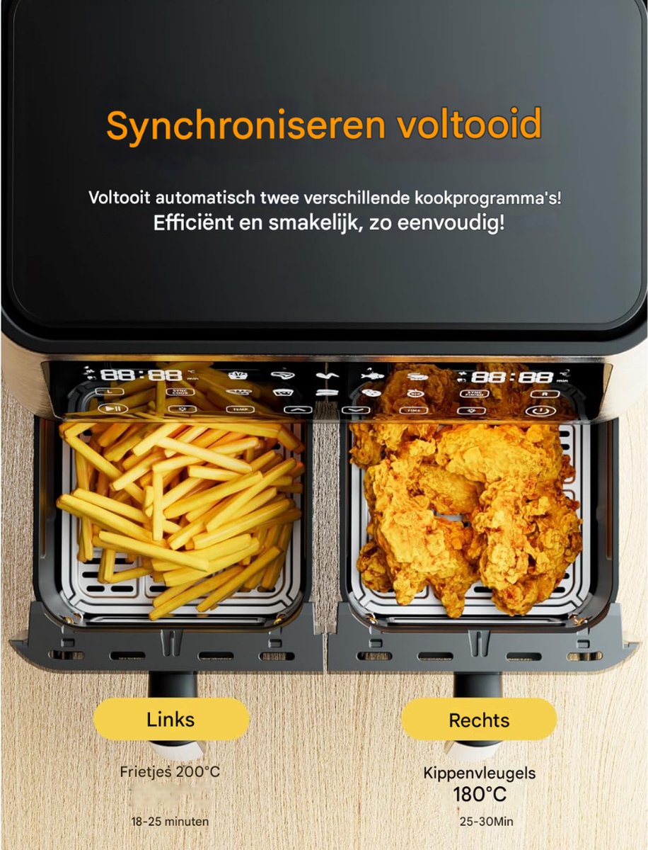 Afbeelding 2 van Dual Zone XXL Heteluchtfriteuse 10L - 2 Kamers met Kijkvenster 10-in-1 Programma's Touchscreen Intelligente Synchronisatie Timer Energiebesparend