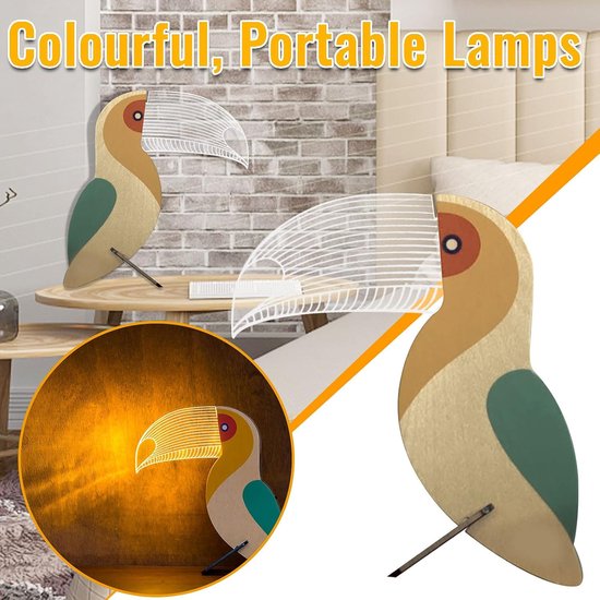 1 stuk - houten toekan lamp - Acryl LED decoratieve nachtlampje kinderen - slaaplampje - Op batterijen - Gebruikt om Feestelijke Kinderkamer te Decoreren - Warme Huisdecoratie van ClubbLLama — afbeelding 3