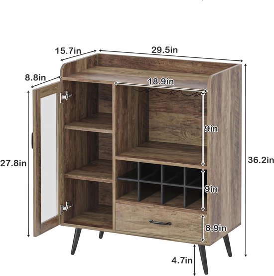 Buffetkast met ophangrek en wijnrek - 240 cm - maatwerk (PS699) - Villa Laura