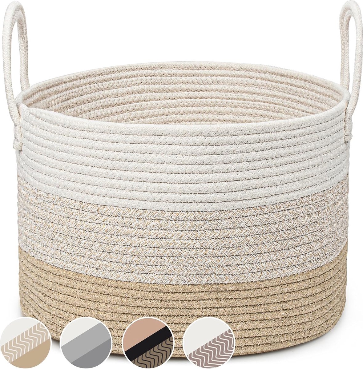 Goedkoopste Geweven Katoenen Touw Wasmand 32L Φ40 x H25 CM met Handvat, Opvouwbaar - Set van 3 Kleuren