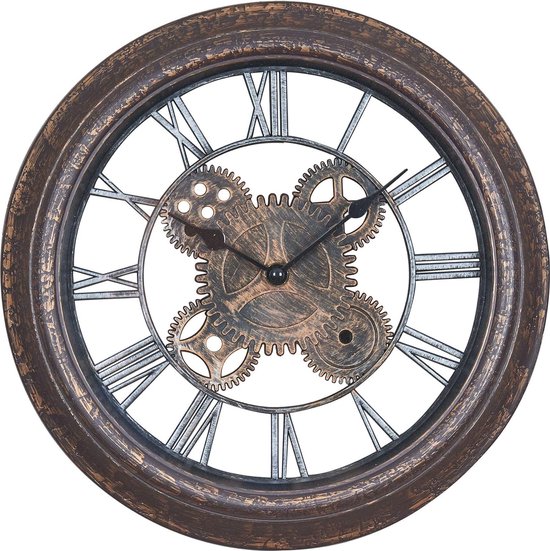 Grote Klok Levandeo XXL - 47 Cm Diameter, Romeinse Cijfers, Vintage Design Met Café De La Gare Motief (bruin) Nostalgische Wandklok