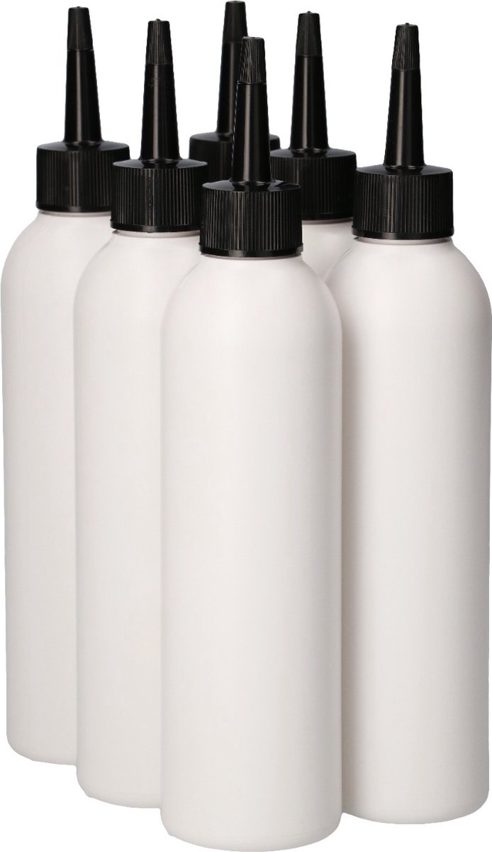 6 x 250 ml ronde fles HDPE wit + Tuitdop Zwart- BPA Vrij - Niet Breekbaar - Plastic Flesjes Navulbaar - Met Dop - Lege Flessen - 6 stuks