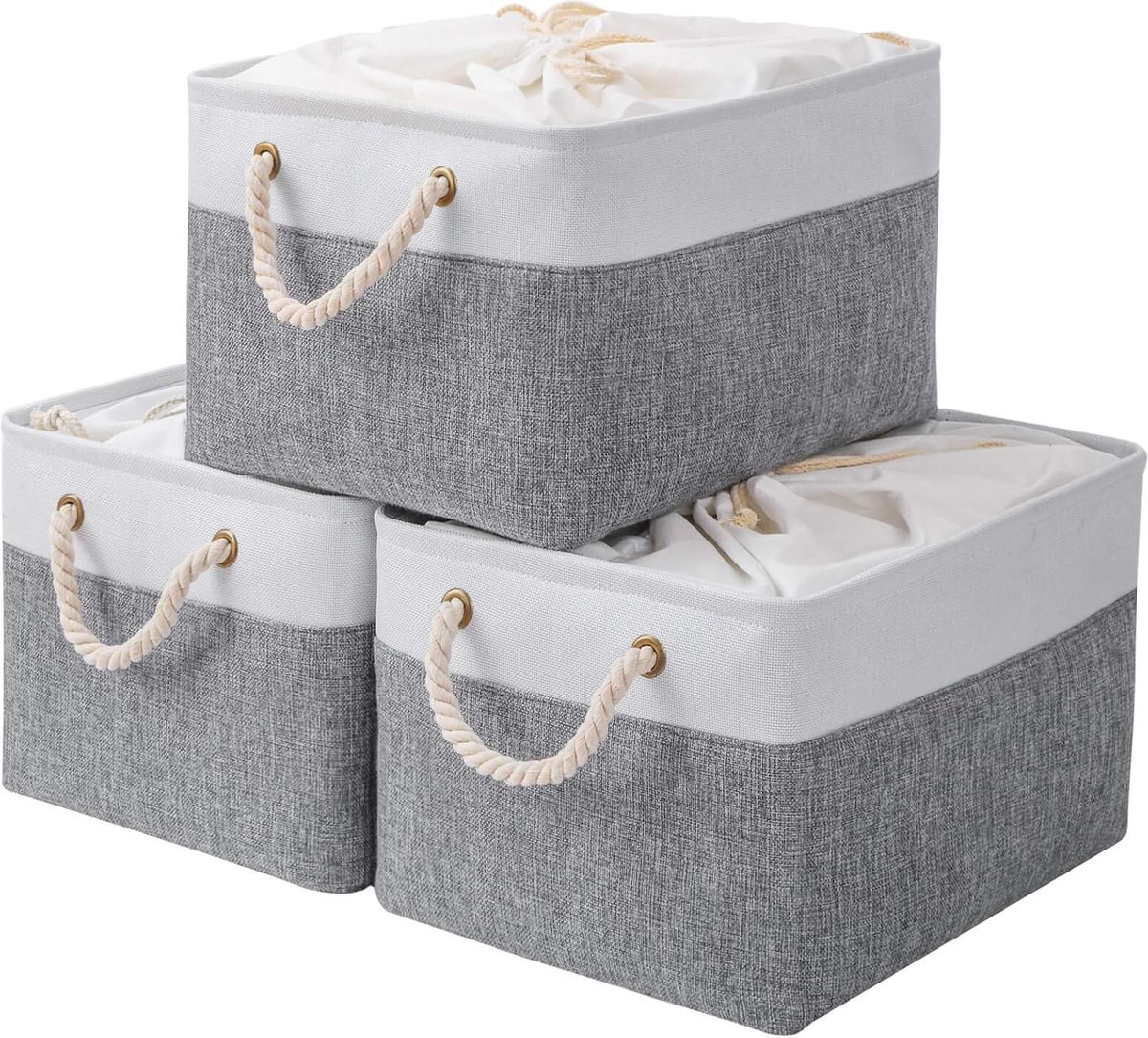 JGS ® Opvouwbare Stoffen Opbergmanden Set van 3 met Trekkoord en Handgrepen voor Kast en Plank