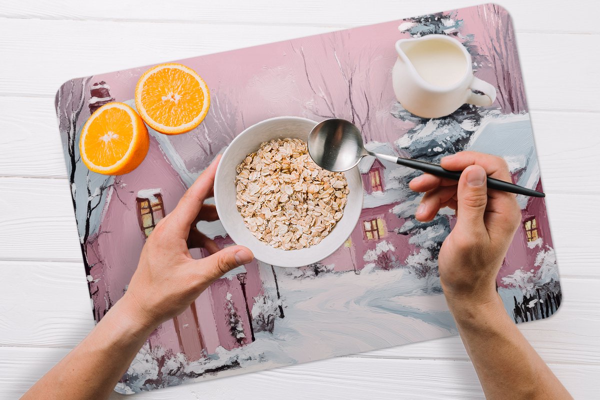 Placemats - 6 stuks - 45x30 cm - Placemat kunststof - Kerstdorp - Roze - Winter - Sneeuw - Huizen - Borden onderleggers - Decoratie voor op tafel - Keuken tafeldecoratie accessoires - Vinyl onderlegger - Tafelversiering – foto 8