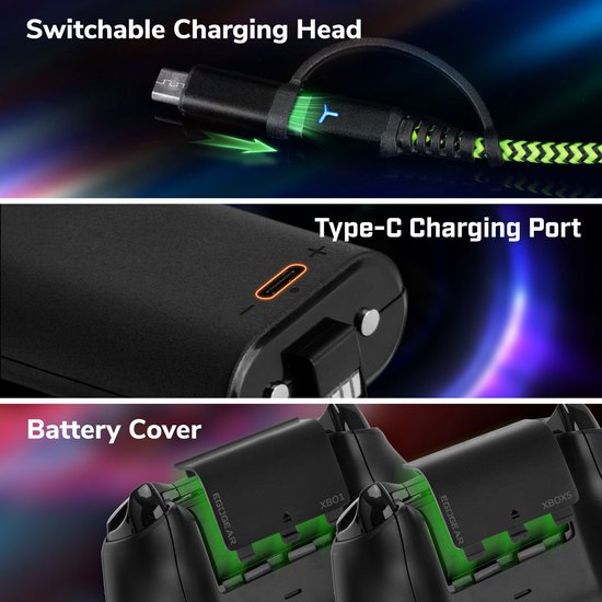 Schakelbare laadkop, Type-C laadpoort en batterijdeksels voor Xbox controllers.
