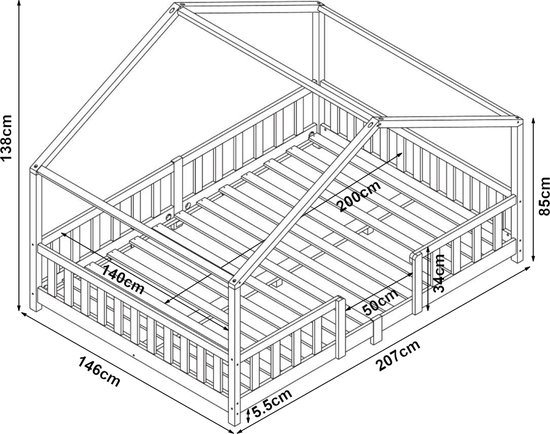 Schematische weergave van een roze kinderhuisbedframe met afmetingen en de afmetingen van de matras.