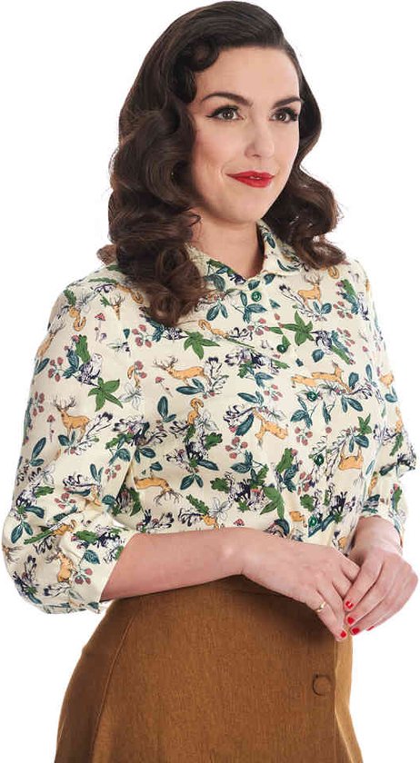 Chemise crème à manches longues, imprimé cerfs, feuilles et champignons.