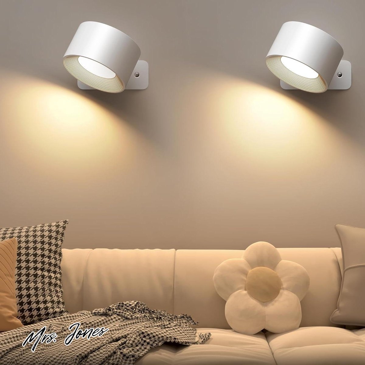 Mrs. Jones Wandlamp voor binnen oplaadbaar met USB-kabel 3 kleuren en 3 helderheidsniveaus 360 graden draaibaar touch-bediening draadloos (wit) .