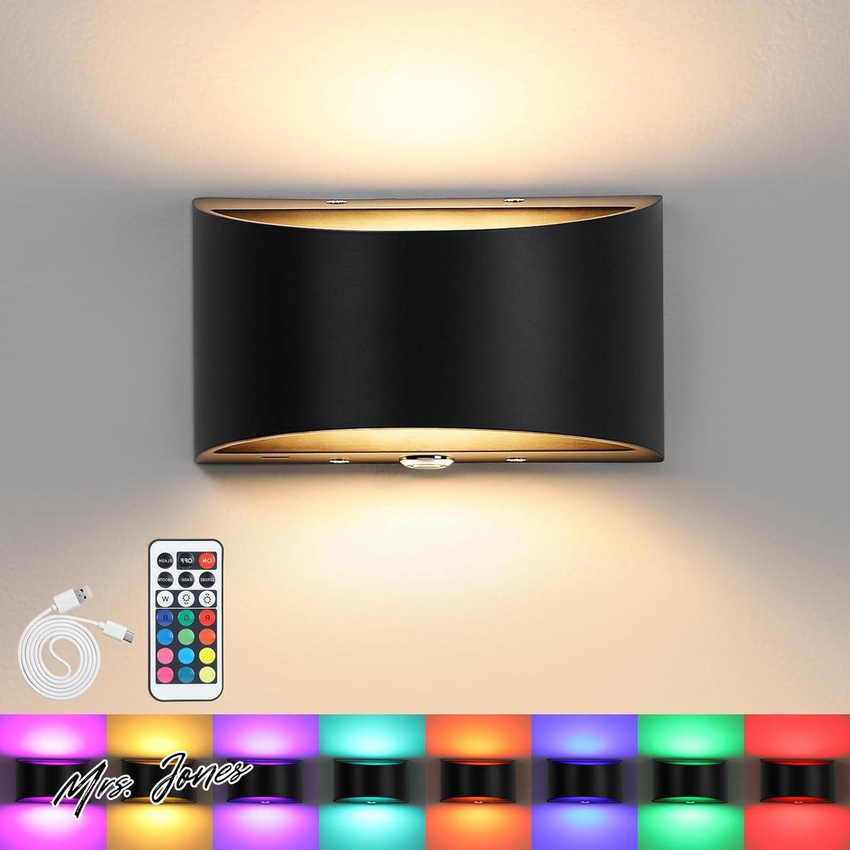 Mrs. Jones Wandlamp voor binnen zonder stroomaansluiting - USB-C oplaadbaar touch-control en afstandsbediening - 12 RGB en 3 lichtsterktes - magnetische draadloze wandlamp voor slaapkamer en woonkamer .