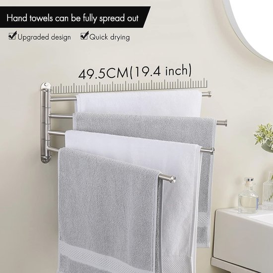 Draaibare Handdoekhouder 4-Arm - 50CM Wandmontage Roestvrij Staal voor Badkamer van MSV — afbeelding 5