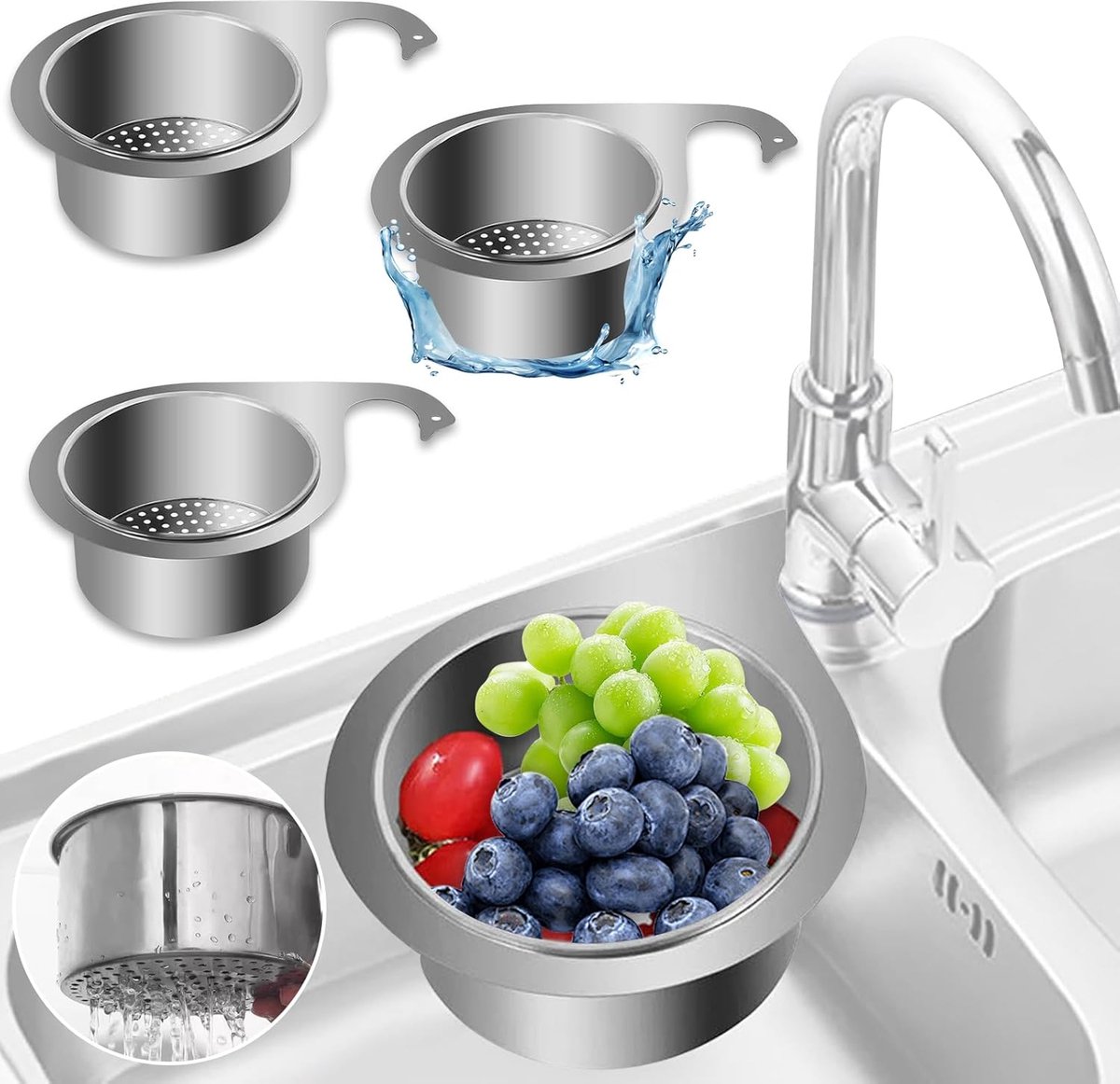 Goedkoopste Inovra ® Roestvrijstalen Multifunctionele Zwanen Vormige Gootsteen Zeef Set van 3 Stuks voor Keukenafvoer