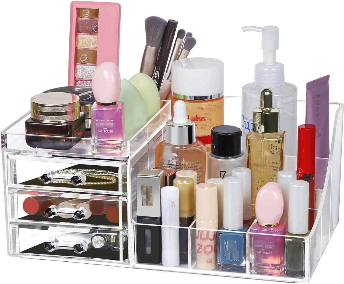 Goedkoopste Stapelbare make-up organizer met 3 laden - Transparante acryl opslag voor cosmetica en sieraden