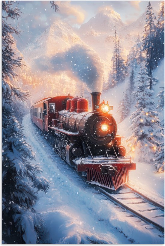 Poster 60x90 cm - Kersttrein - Sneeuw - Winter - Kerst - Posters - Kamer decoratie - Wanddecoratie woonkamer - Kerstdecoratie voor binnen - Kerstversiering - Kerstmis versiering in huis - Kerstaccessoires