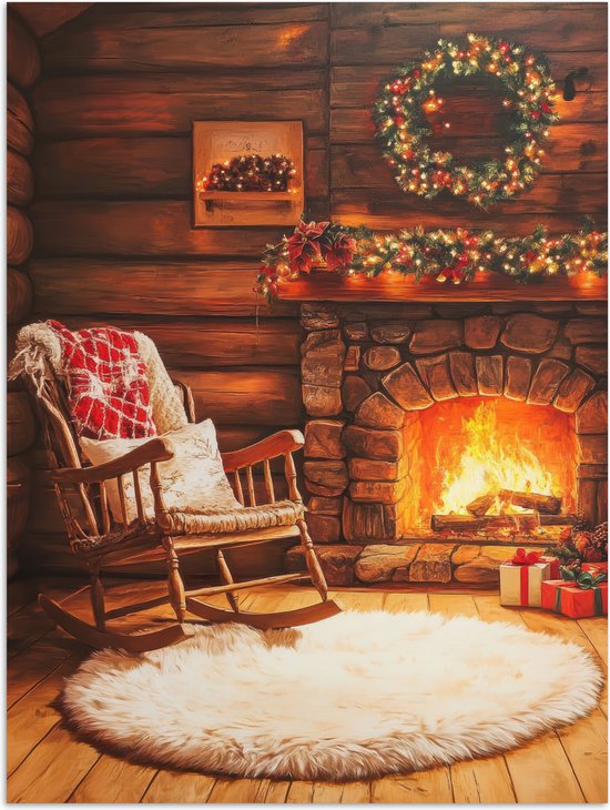 Poster 60x80 cm - Winter - Kerst - Huis - Openhaard - Posters - Kamer decoratie - Wanddecoratie woonkamer - Kerstdecoratie voor binnen - Kerstversiering - Kerstmis versiering in huis - Christmas decorations