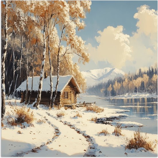 Poster 75x75 cm - Winter - Sneeuw - Huis - Natuur - Posters - Kamer decoratie - Wanddecoratie woonkamer - Muurdecoratie slaapkamer