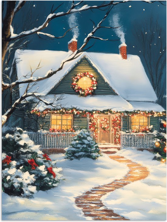Poster 90x120 cm - Kerst - Kerstboom - Winter - Huis - Sneeuw - Posters - Kamer decoratie - Wanddecoratie woonkamer - Kerstdecoratie voor binnen - Kerstversiering - Kerstmis versiering in huis - Christmas decorations