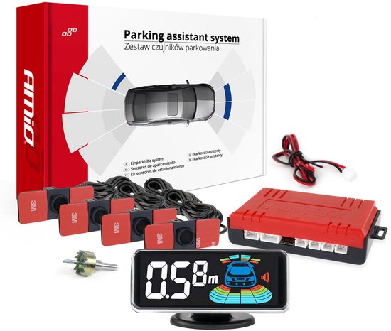 AMIO Parkeersensor Parkeerhulpsysteem - 4 plak sensoren & pieper schermpje - zwart