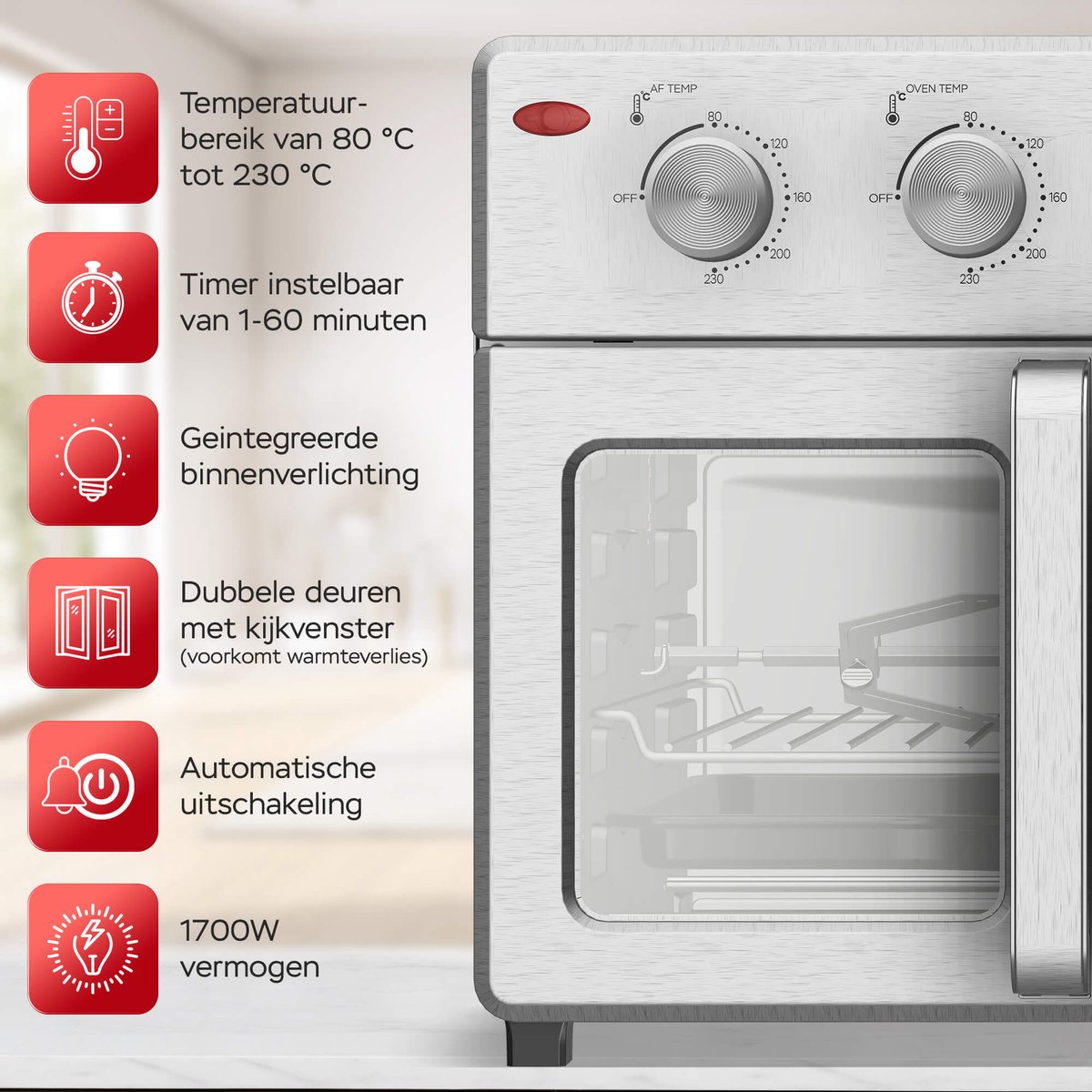 Afbeelding 3 van TurboTronic AF32MFD Airfryer Oven XXL – Dubbele Deur – 32L Vrijstaande Mini Oven – Heteluchtoven – Zilver