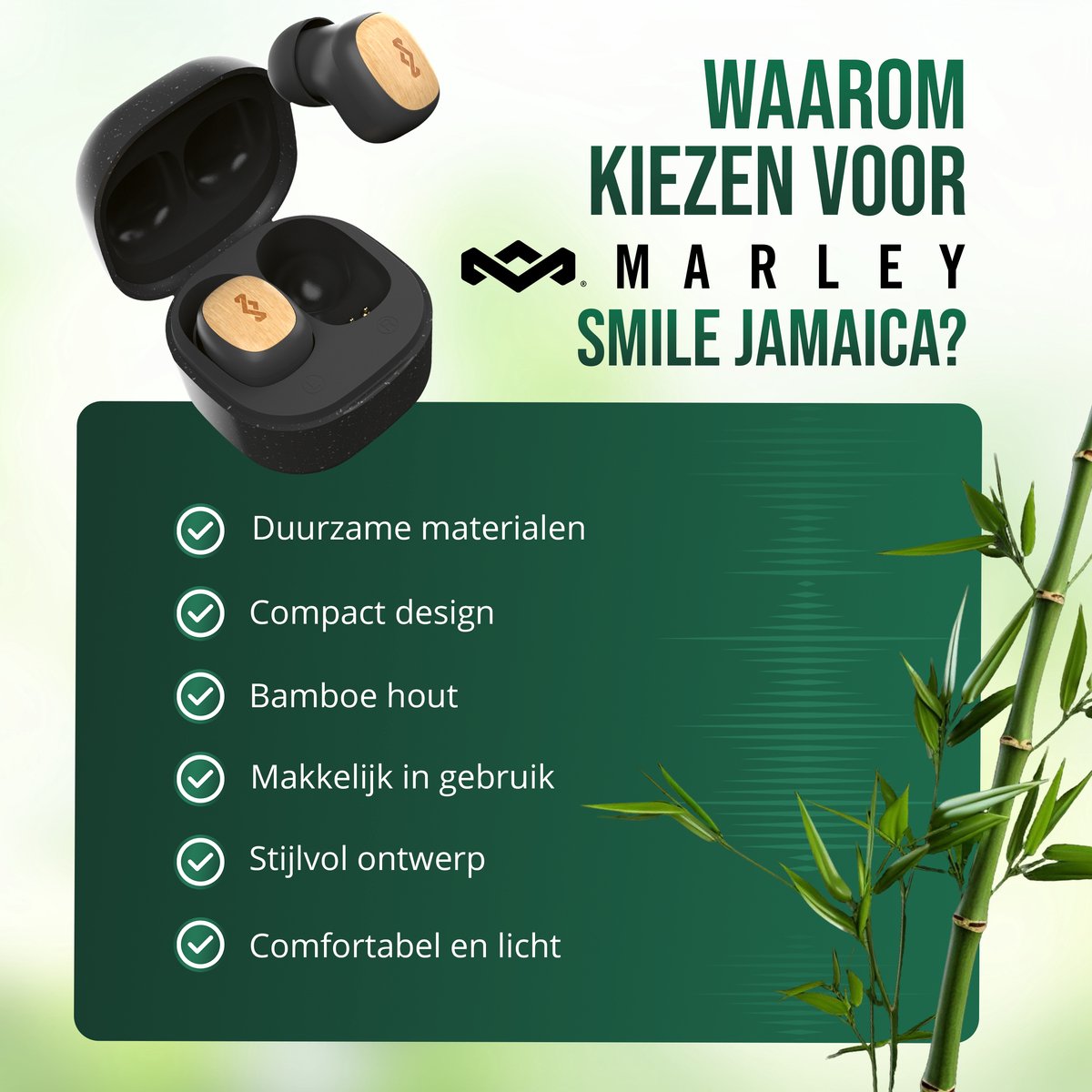 House of Marley Smile Jamaica TWS Draadloze oordopjes - Bluetooth - 14 uur Batterijduur - Met Microfoon - Oortjes Draadloos - Gemaakt van Duurzame Materialen - Zwart – foto 5