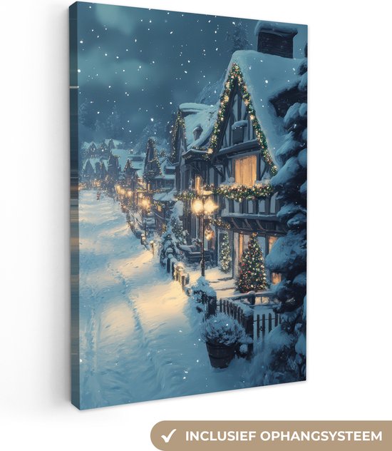 Canvas schilderij 40x60 cm - Wanddecoratie Kerstdorp - Kerst - Sneeuw - Winter - Muurdecoratie woonkamer - Slaapkamer decoratie - Kamer accessoires - Schilderijen op canvas - Kerstdecoratie voor binnen - Kerstversiering - Kerstmis versiering