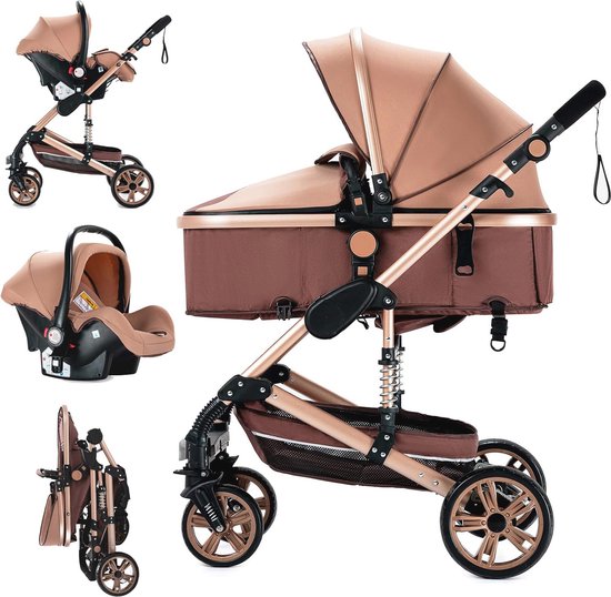 Magic ZC PU lederen trio-kinderwagen, 3-in-1 kinderwagen met omkeerbare tweeweg-schuiver, trio kinderwagen voor pasgeborenen met accessoires, kinderwagen voor pasgeborenen met draagbaar ontwerp