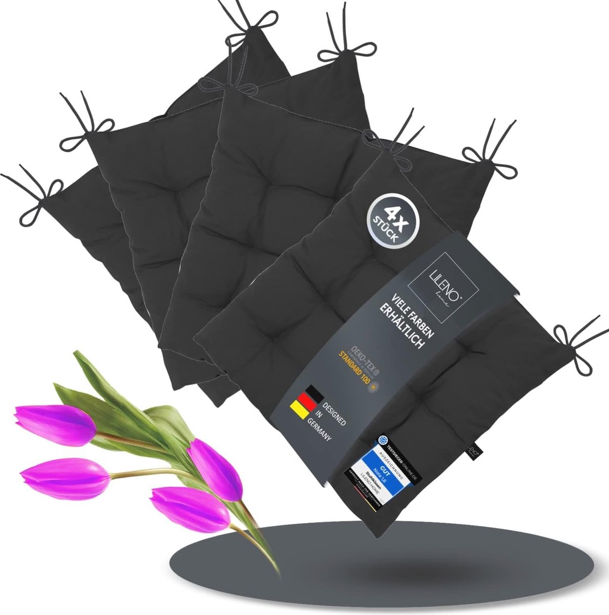 Set van 4 Zwarte Stoelkussens - Comfortabele Zitkussens voor Tuin, Keuken en Eetkamer - UV