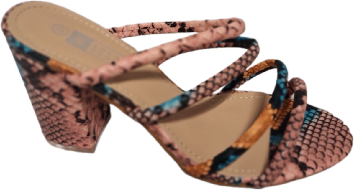 LUCKYSHOES -SLIPPER-MULTICOLOR-BLOKHAK -SNAKE LEDERLOOK