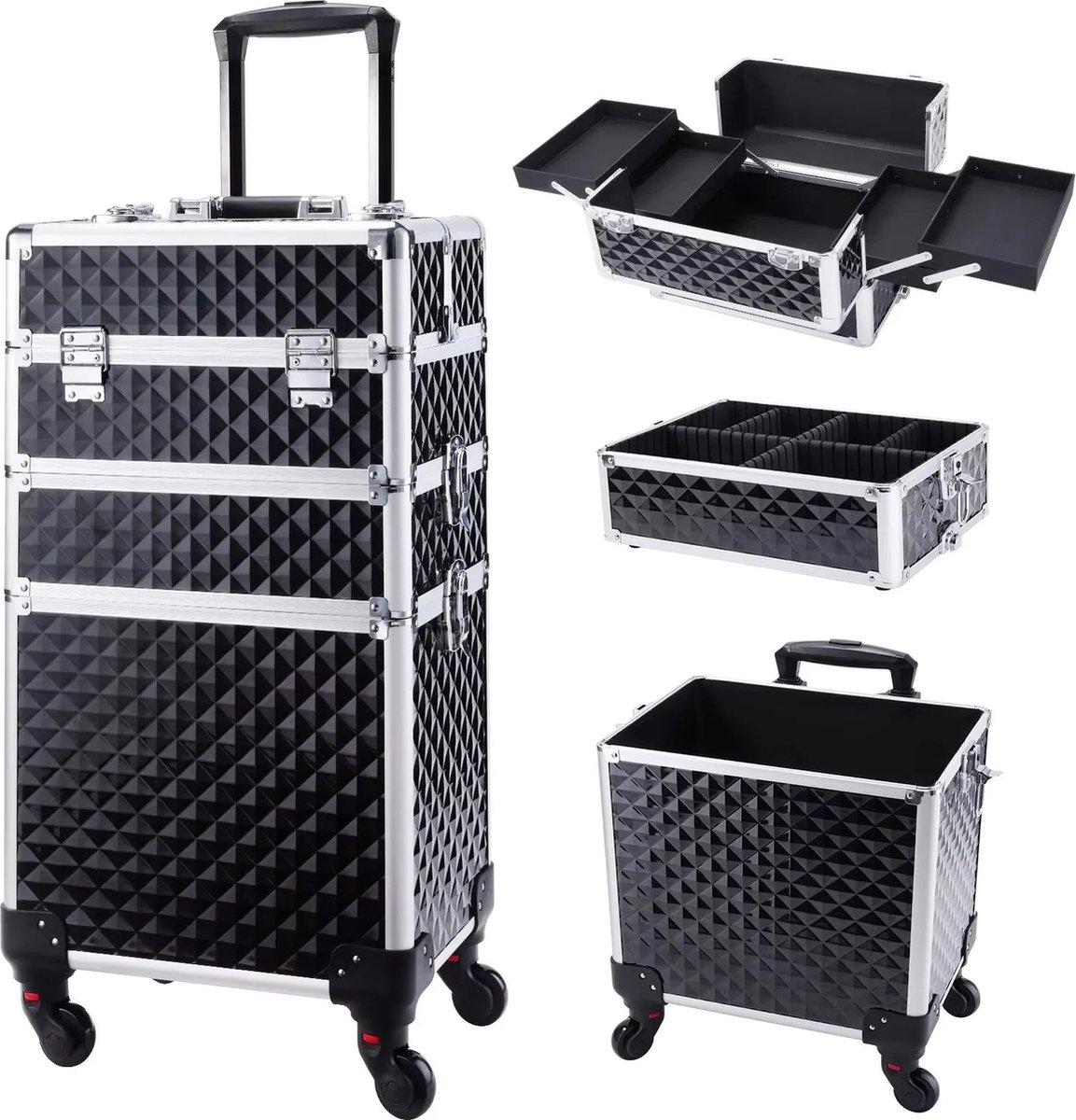Goedkoopste Visagiekoffer - Make up Koffer - Make-up Trolley - Kappers Koffer - Beautycase - Cosmetica Koffer - Met Wielen - Zwart
