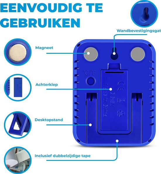 Achterkant van een witte hygrometer met blauwe accenten. Bevat magneten, batterijklep, desktopstandaard en wandbevestigingsgat. Afmetingen: 7.3 x 9.6 cm.