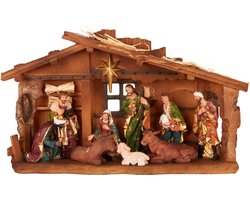 BRUBAKER Kerststal - 40 cm tafelkribbe kerstfiguur met handbeschilderde figuren Jezus, Maria, Jozef en de koningen in de kerststal onder de ster - kerststalfiguur tafeldecoratie van polyhars