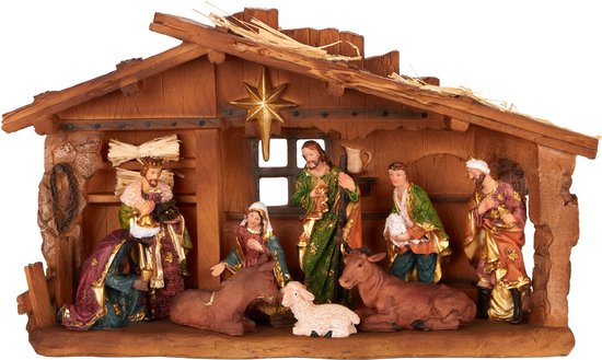 BRUBAKER Kerststal - 40 cm tafelkribbe kerstfiguur met handbeschilderde figuren Jezus, Maria, Jozef en de koningen in de kerststal onder de ster - kerststalfiguur tafeldecoratie van polyhars