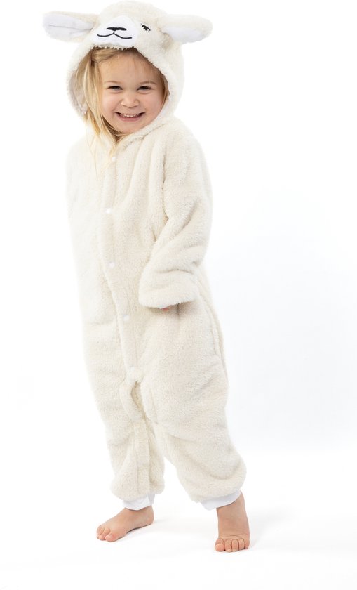 KIMU Onesie Schaap Pakje - Maat 116-122 - Schapenpak Kostuum Wit Lammetje Pak - Peuter Boxpakje Pyjama Zacht Huispak Jumpsuit Jongen Meisje Sinterklaas Kado
