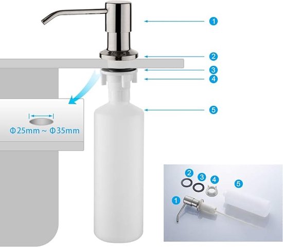 Zilverkleurige zeepdispenser met witte kunststof fles en montage-instructies.