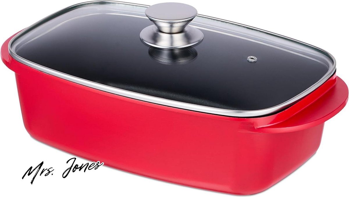 Mrs. Jones Braadslede Deksel Handgreep 5 Liter Aluminium Glas Ovenschaal Gasvuur Rood Groter Formaat Gemakkelijke Reiniging .