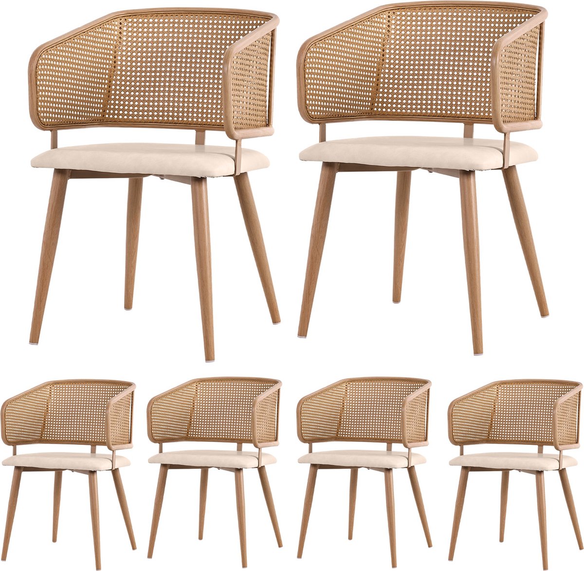 Merax Set van 6 Eetkamerstoelen met Rattan Rugleuning en Kunstleer Zitkussens – Comfortabel - Ademend en Duurzaam Beige