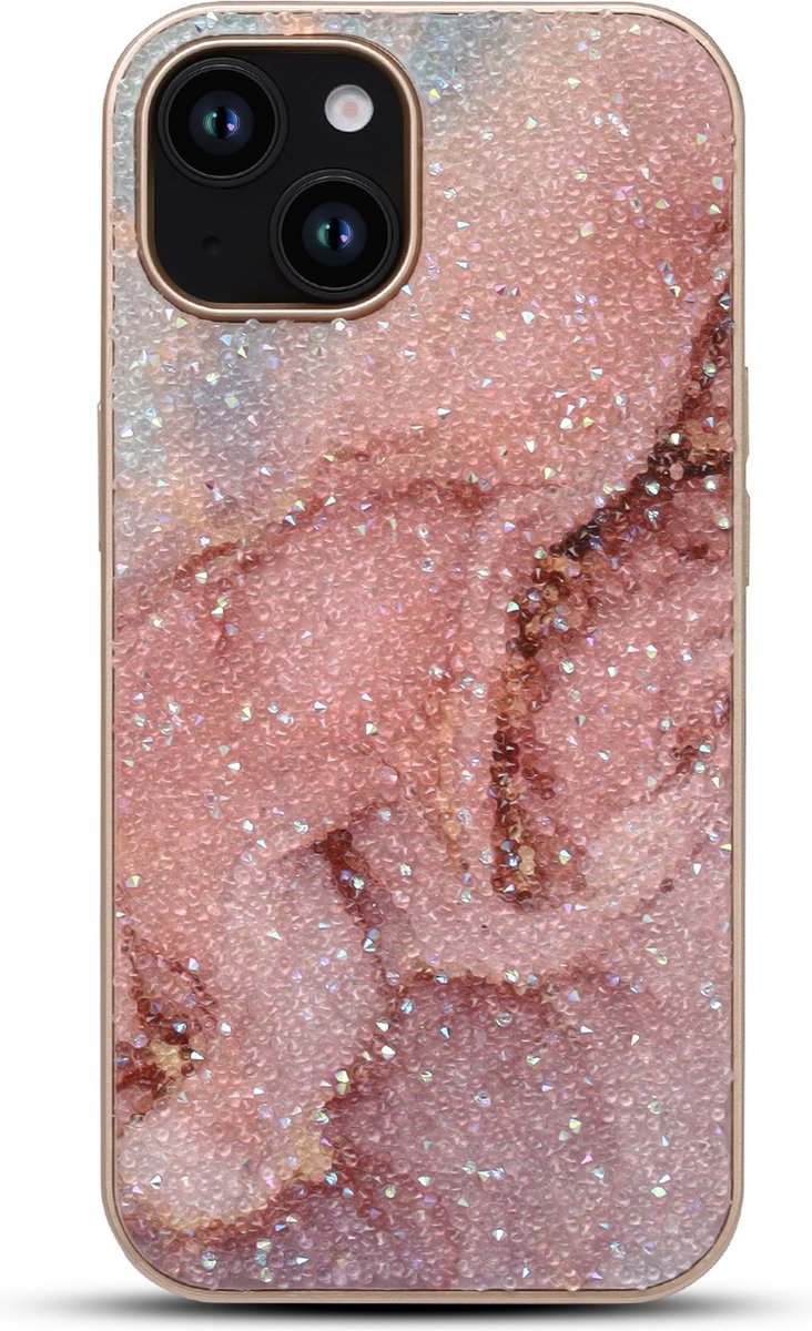 Casemania Hoesje Geschikt voor Apple iPhone 12 - Roze - Diamant Marmer Glitter Back Cover