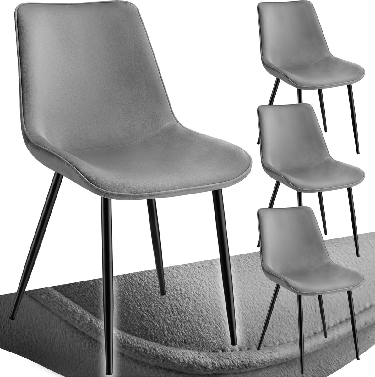 Tectake Eetkamerstoel - Gevoerde fluwelen zitting - Zwart metalen poten - Woonkamer, eetkamer, slaapkamer en kantoor - Draagkracht 120 kg - Set van 4 - Grijs/zwart