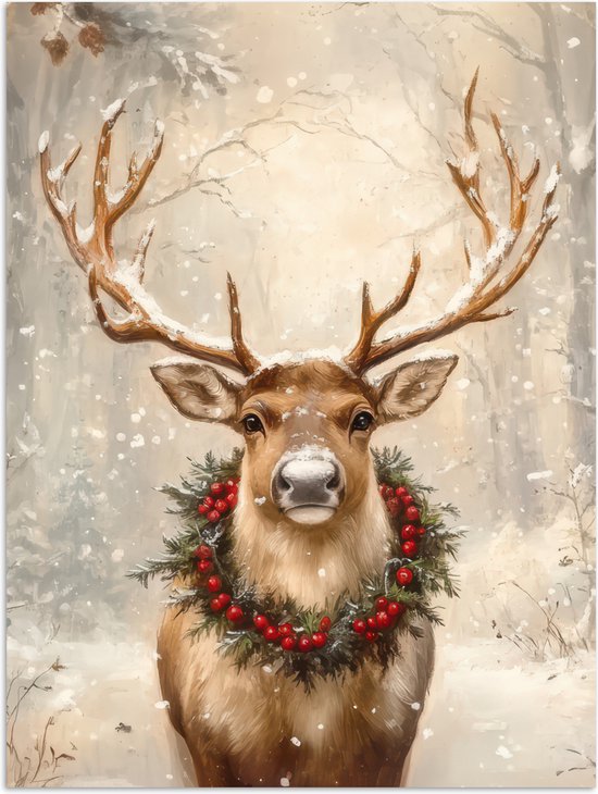 Poster 30x40 cm - Kerst - Rendier - Winter - Krans - Posters - Kamer decoratie - Wanddecoratie woonkamer - Muurdecoratie slaapkamer - Kerstversiering - Kerstdecoratie voor binnen - Kerstmis