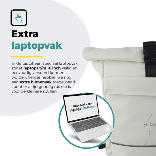 Voltano Luxe E-bike Rolltop Fietstas / Rugtas 28L - Crème - Enkele Pakaftas - 100% Waterdicht - Gratis Schouderband - Groot Laptop Vak van Voltano — afbeelding 2