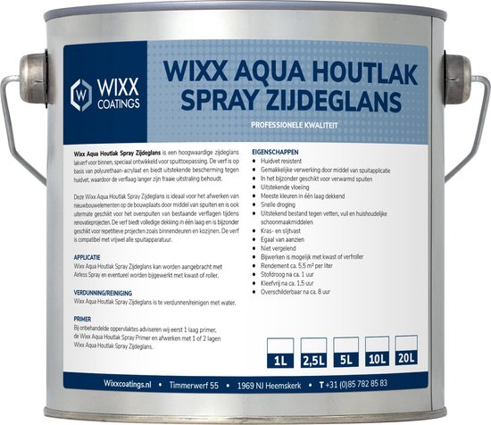 Boîte de WIXX AQUA HOUTLAK SPRAY ZIJDEGLANS en Gris blanc, avec informations produit et tailles d'emballage de 1L à 20L.