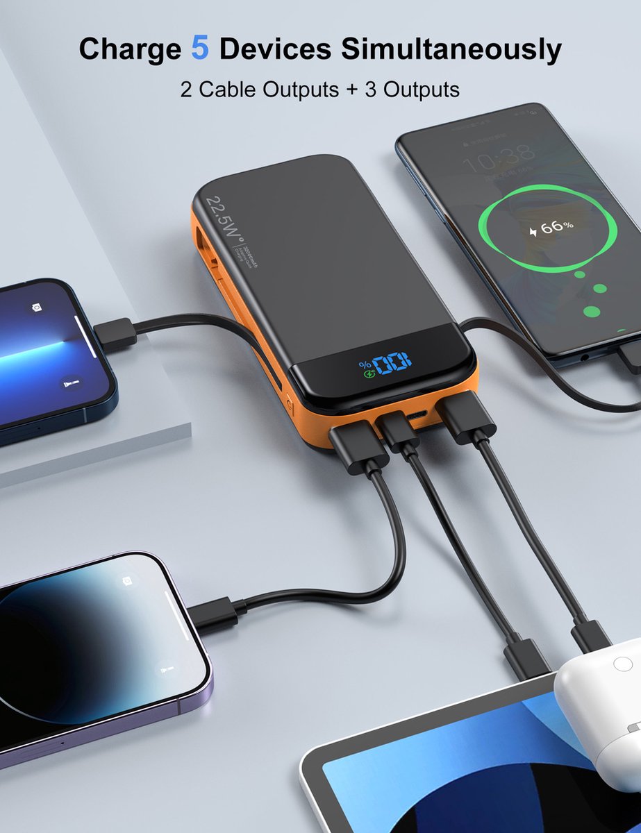Afbeelding 3 van Sounix Powerbank 30.000 mAh - 22.5W Snellader - LED Indicatie - 5 Oplaadpoorten - Lightning, USB A, USB C & Micro USB - Geschikt voor o.a. iOS/Android - Zwart/Oranje