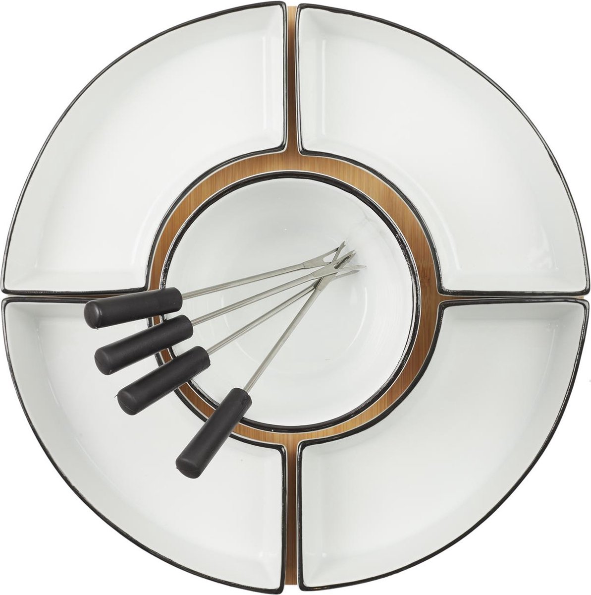 Fondue Set voor 4 Personen – Bamboe en Porselein – Inclusief Schalen en Vorkjes – 30 x 30 x 19 cm – foto 4