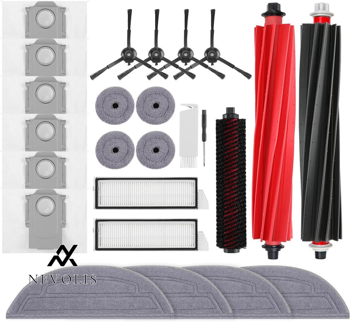 Nevolis Accessories for Roborock S8 MaxV Ultra Vacuum Cleaner - Main Brushes HEPA Filters Mops Side Caps Dust Bags Side Brushes Self Cleaning Brush Brush Set . Rood